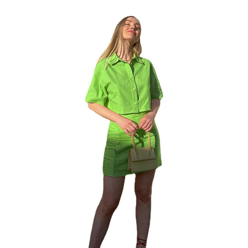 Ensemble deux pièces en coton et lin : chemise et jupe