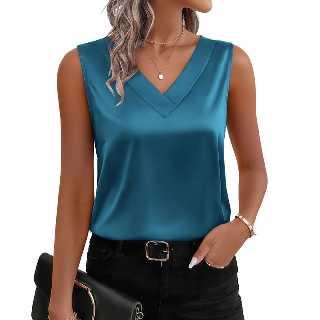 Caraco en satin pour femme, col en V, chemisier décontracté sans manches Main Image