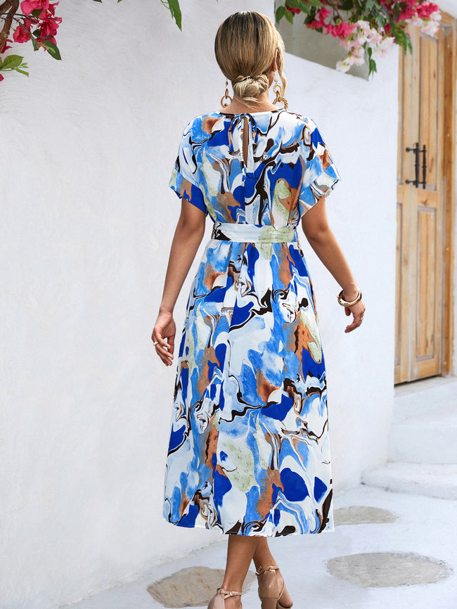 Robe d'été imprimée à manches courtes, ample, à lacets, de coupe trapèze, longue, à la mode, décontractée, pour la plage, pour femmes Main Image