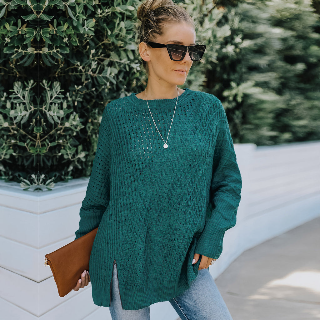 Pull ras du cou à manches longues ajouré en tricot pour femme, coupe ample, hiver