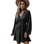 Robe longue à manches longues imprimé pois col en V manches lanternes taille plissée coupe ajustée évasée Vêtements pour femmes