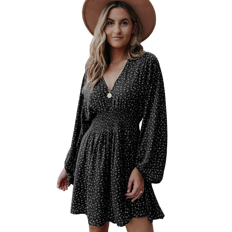 Robe longue à manches longues imprimé pois col en V manches lanternes taille plissée coupe ajustée évasée Vêtements pour femmes
