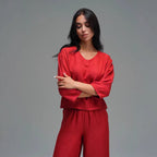 Womens Casual Two-Piece Set Fashionable Solid-Color Loose Cropped-Sleeve Wide-Leg Pants Suit