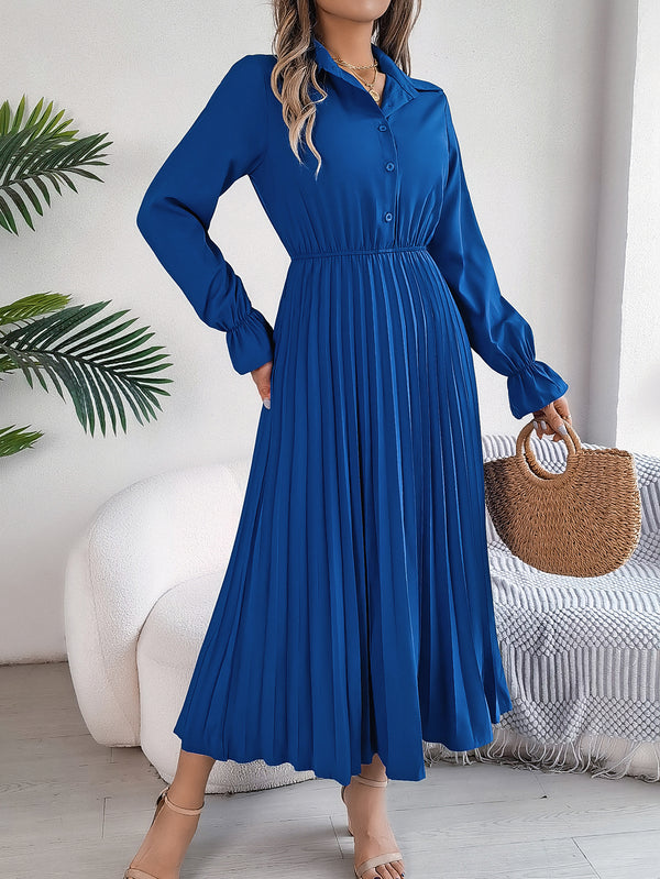 Robe longue décontractée à revers boutonnée à manches longues avec ceinture et plissée pour femme