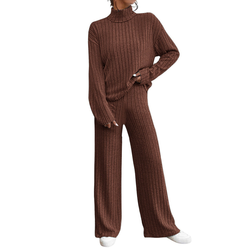 Ensemble deux pièces de pull et pantalon ample en tricot à col roulé à manches longues pour femme, collection automne-hiver