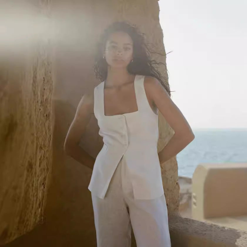 Ensemble deux pièces gilet sans manches et pantalon, col carré, en coton