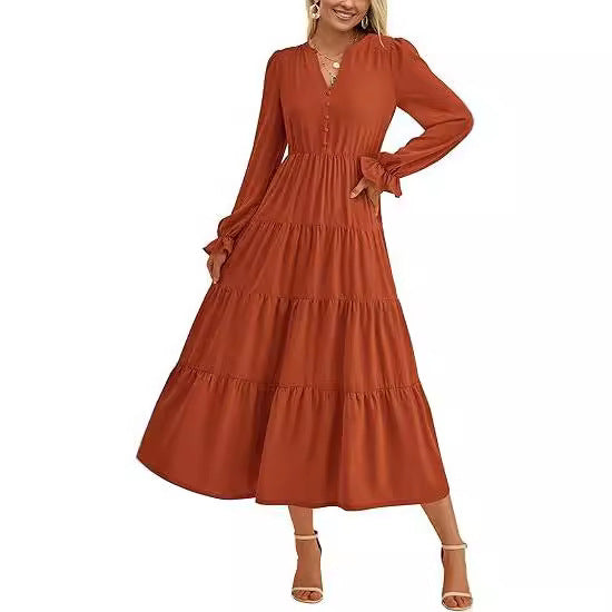 Robe longue fluide à volants superposés pour l'automne