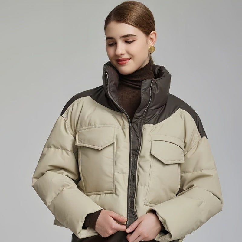 Manteau court ample en cuir rembourré de coton pour femme
