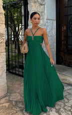Robe longue plissée sans manches à bretelles, taille haute évidée, dos nu pour soirée, club, vêtement femme