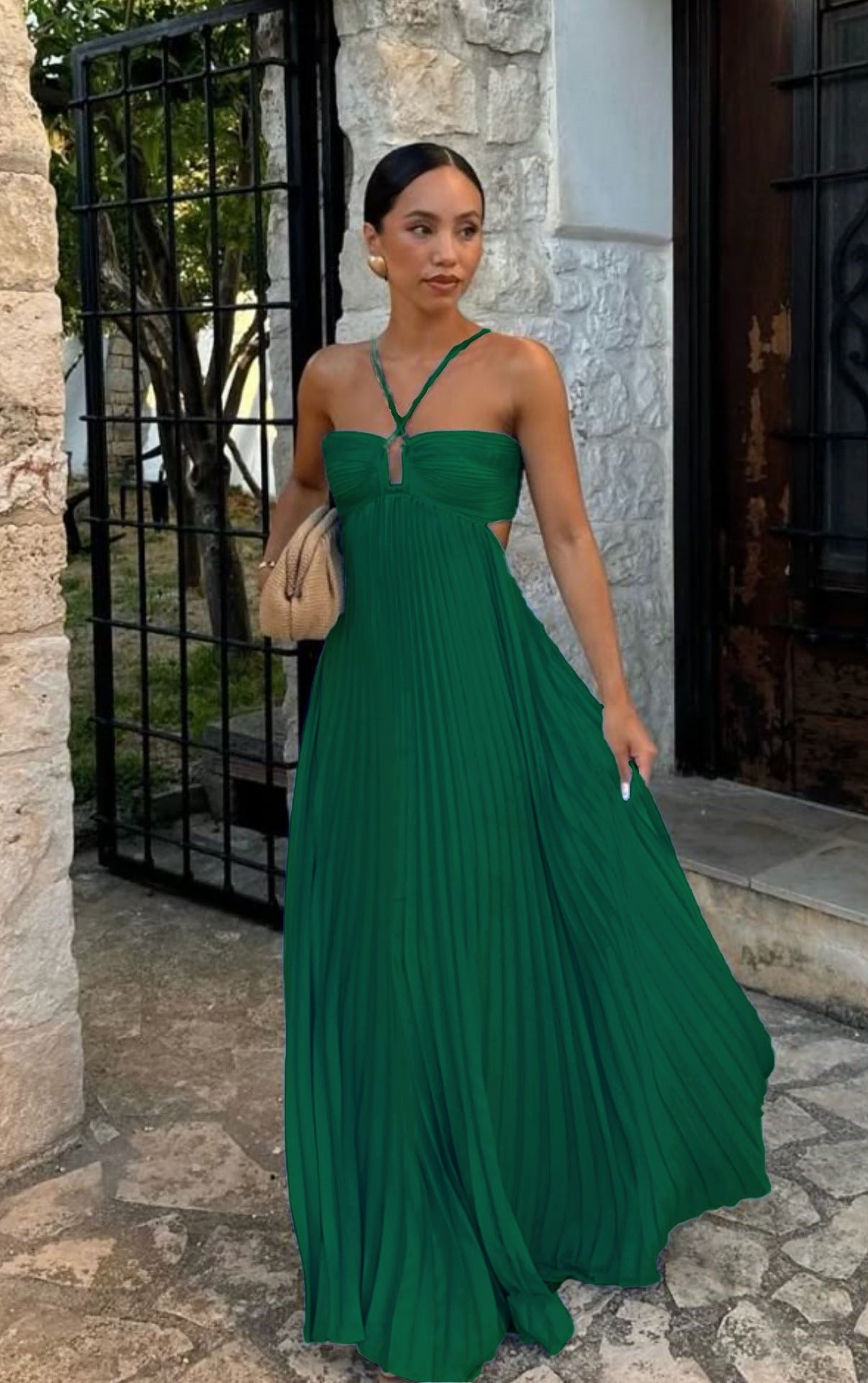 Robe longue plissée sans manches à bretelles, taille haute évidée, dos nu pour soirée, club, vêtement femme