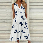 Robe mi-longue décontractée à col en V et taille nouée à motifs de feuilles pour femme