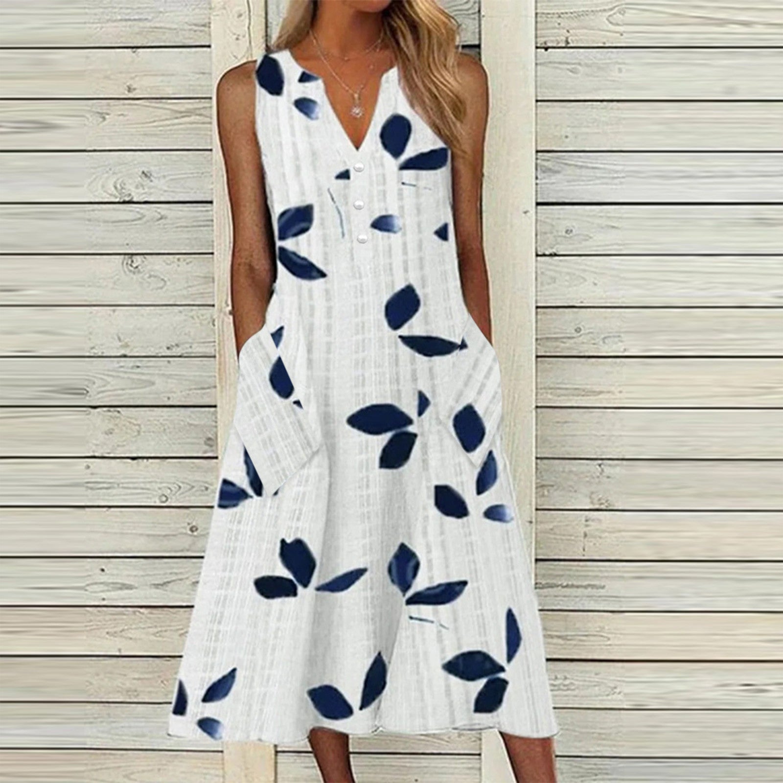 Robe mi-longue décontractée à col en V et taille nouée à motifs de feuilles pour femme