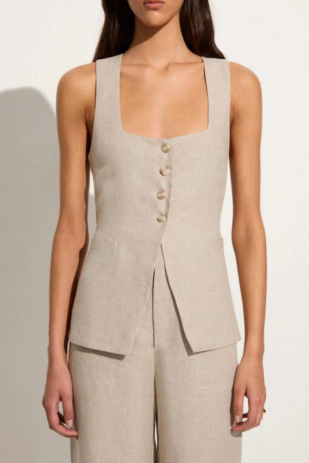 Ensemble deux pièces gilet sans manches et pantalon, col carré, en coton