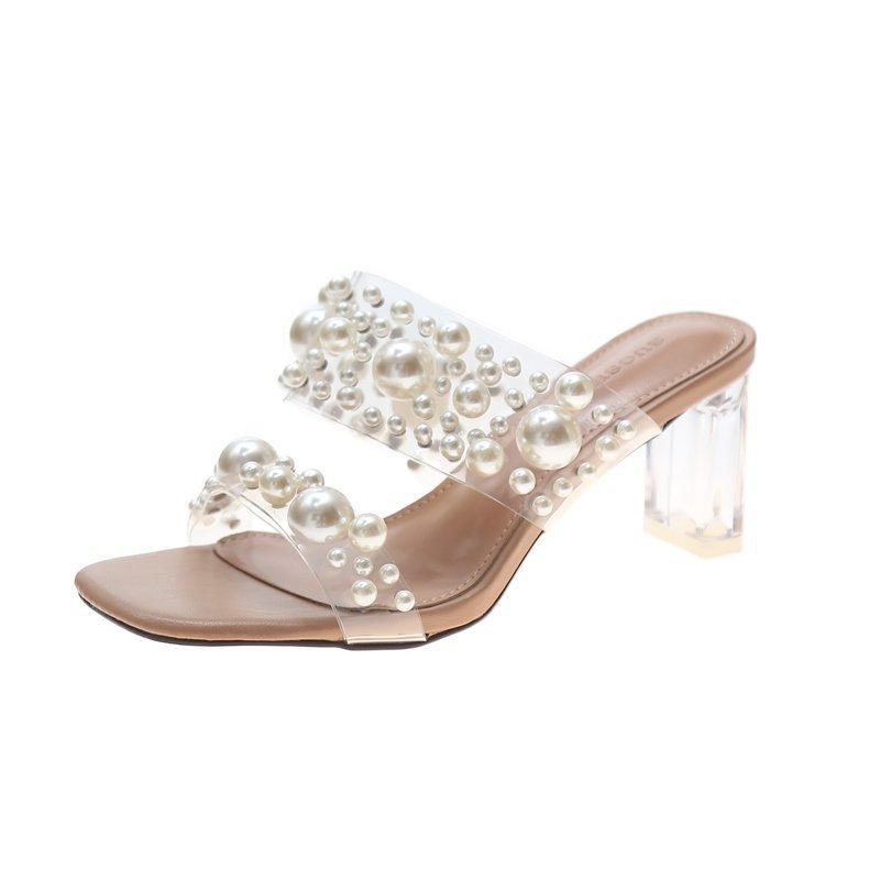 Sandales à talon épais en cristal transparent avec rivets pour femmes