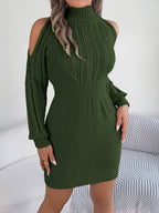 Robe Pull Moulante Femme Décontractée Col Roulé Mi-Hauteur Épaules Dénudées Tricot Torsadé Manches Lanternes