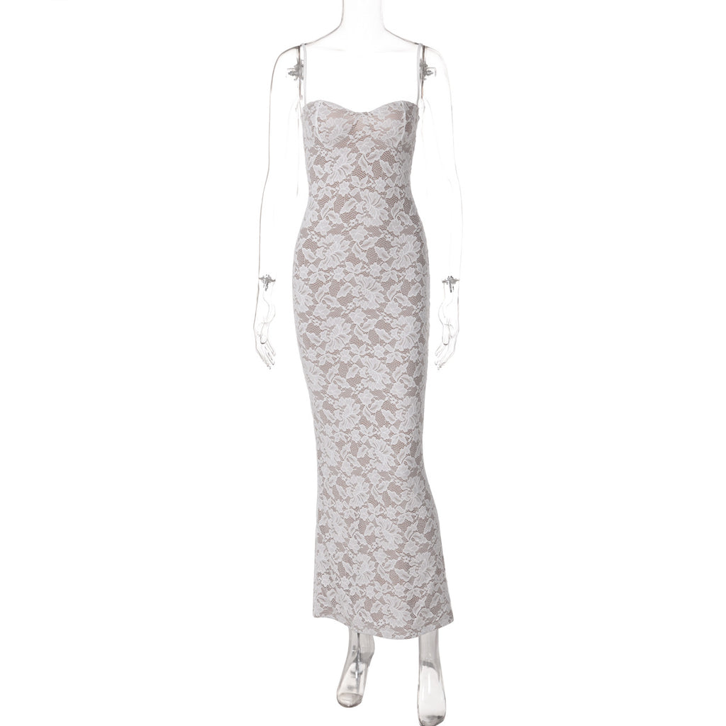 Robe longue moulante à fines bretelles et dos nu pour femme