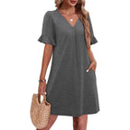 Robe élégante à col en V à volants pour femme avec poches