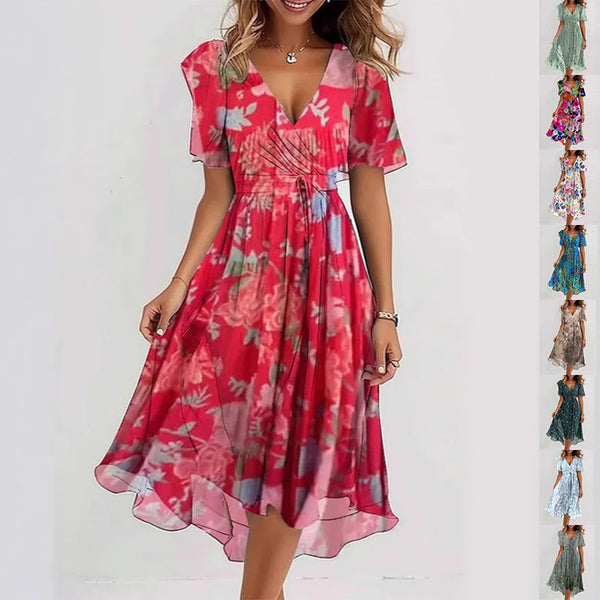 Robe d'été évasée à fleurs imprimées et col en V, à manches courtes pour femme