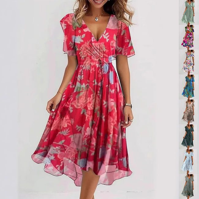 Robe d'été évasée à fleurs imprimées et col en V, à manches courtes pour femme Hover Image