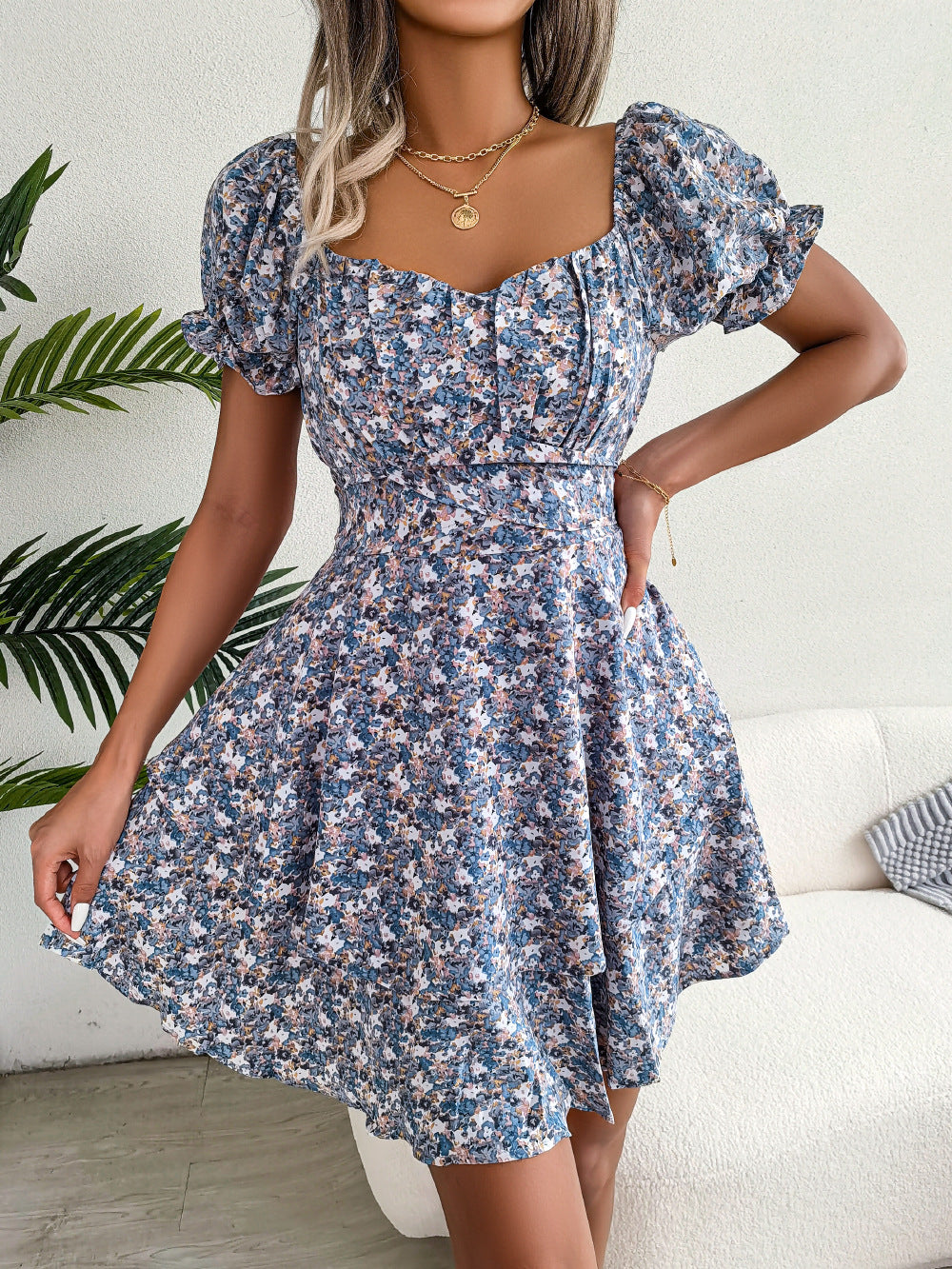 Robe Courte Femme Mini Robe Tempérament Grand Balançoire Ourlet Ample Imprimé Floral Robe Froncée Manches Courtes Taille Haute Robe D'Été Vêtements