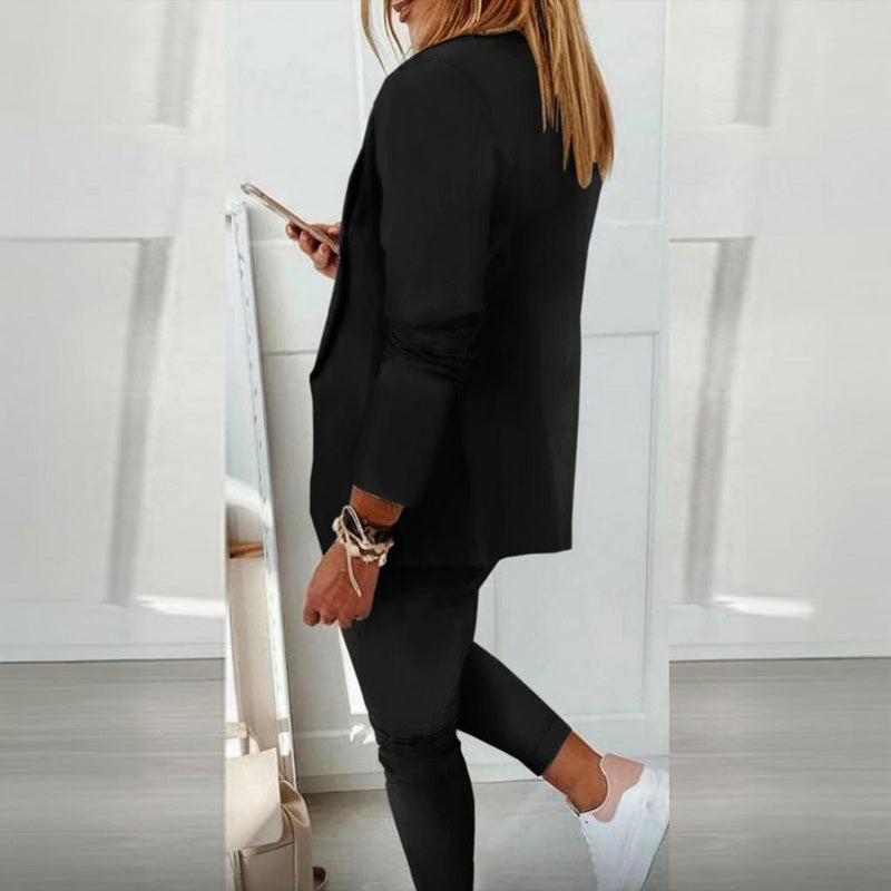Ensemble tailleur à manches longues de couleur unie pour femme - Blazer élégant à revers cranté avec poches et pantalon à taille élastique, tenue décontractée chic pour le printemps et l'automne