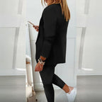 Ensemble tailleur à manches longues de couleur unie pour femme - Blazer élégant à revers cranté avec poches et pantalon à taille élastique, tenue décontractée chic pour le printemps et l'automne