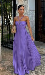 Robe longue plissée sans manches à bretelles, taille haute évidée, dos nu pour soirée, club, vêtement femme
