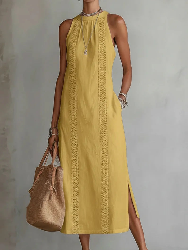 Robe d'été sans manches à col licou et patchwork de dentelle pour femme, style vacances