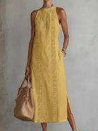 Robe d'été sans manches à col licou et patchwork de dentelle pour femme, style vacances
