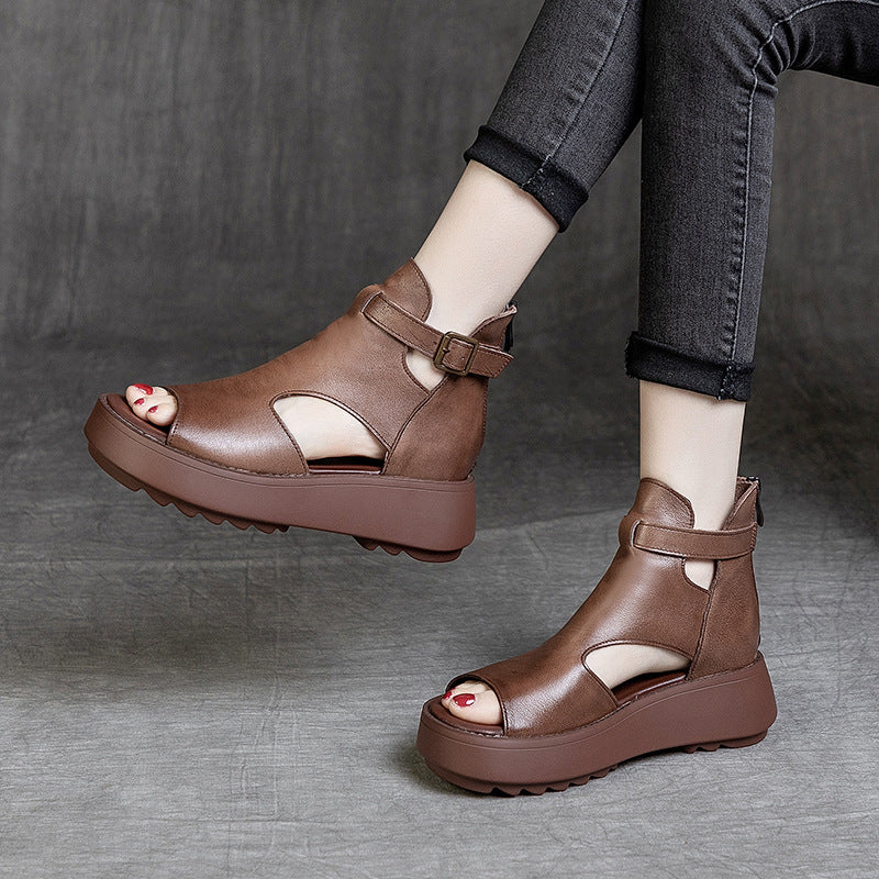 Été Nouveauté Rétro Sandales Vides Derrière Peep Toe En Cuir De Vachette Pour Femmes