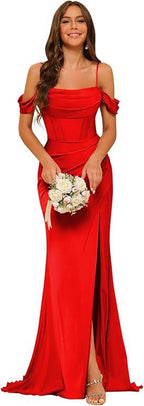 Robe de bal corset en satin épaules dénudées pour demoiselle d'honneur