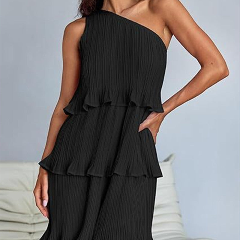 Robe décontractée pour femme, à une épaule dénudée, ourlet à volants superposés, couleur unie simple, taille haute confortable, pour l'été et la rue