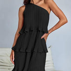 Robe décontractée pour femme, à une épaule dénudée, ourlet à volants superposés, couleur unie simple, taille haute confortable, pour l'été et la rue