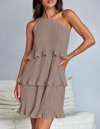 Robe décontractée pour femme, à une épaule dénudée, ourlet à volants superposés, couleur unie simple, taille haute confortable, pour l'été et la rue