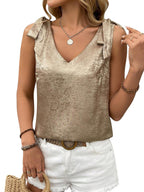 Camisole sans manches en dentelle avec nœud papillon et décolleté en V pour femme, avec détails dorés en relief