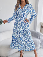 Robe longue élégante à col en V croisé avec motif floral, taille ajustée et ourlet à volants pour femme
