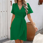 Robe d'été col en V à manches courtes, mode slim, coupe trapèze, vêtements de plage pour femmes