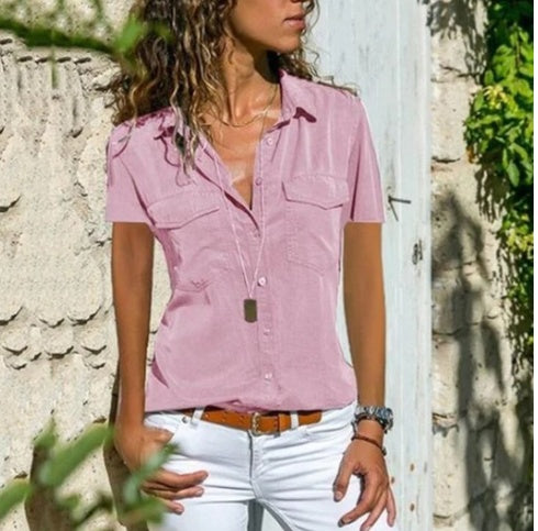 Nouvelle chemise pour femme à revers et manches courtes