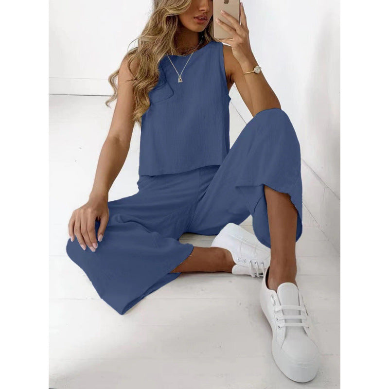 Ensemble deux pièces sans manches pour femme en coton et lin, chemise et pantalon large court