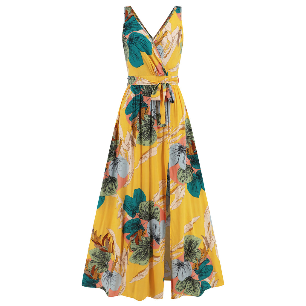 Robe longue sans manches col en V imprimé floral mode d'été avec ceinture et fente pour femme