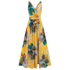 Robe longue sans manches col en V imprimé floral mode d'été avec ceinture et fente pour femme