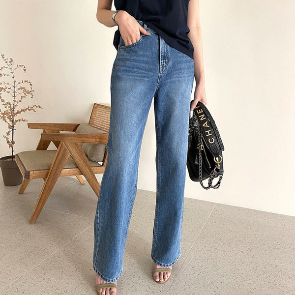 Jean décontracté coréen roulé taille haute coupe droite et ajustée pour femme