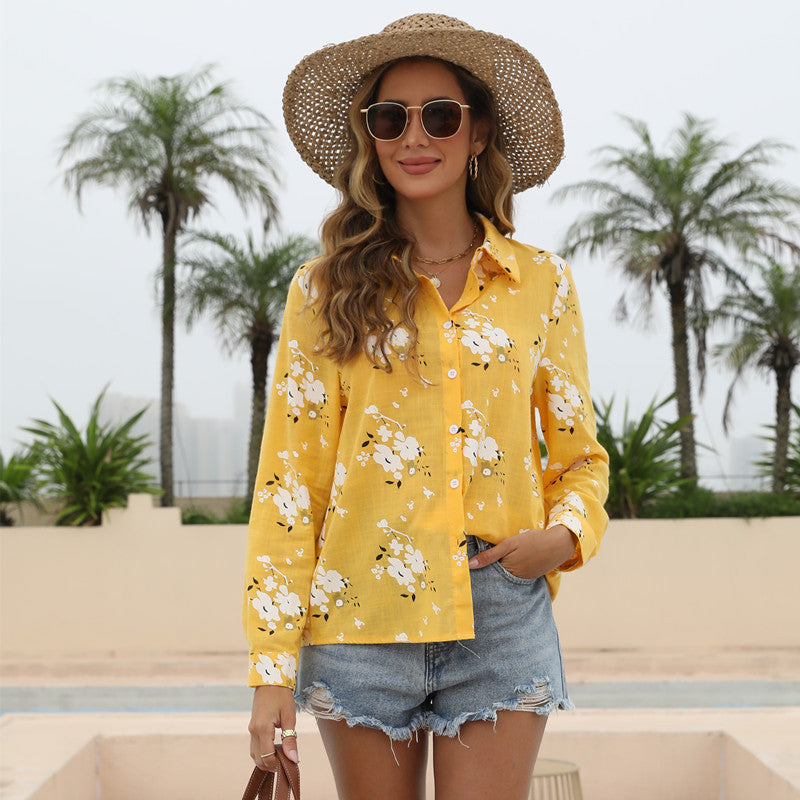Chemise en lin et coton imprimée décontractée ample à manches longues pour femmes