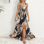 Robe longue sans manches col en V imprimé floral mode d'été avec ceinture et fente pour femme