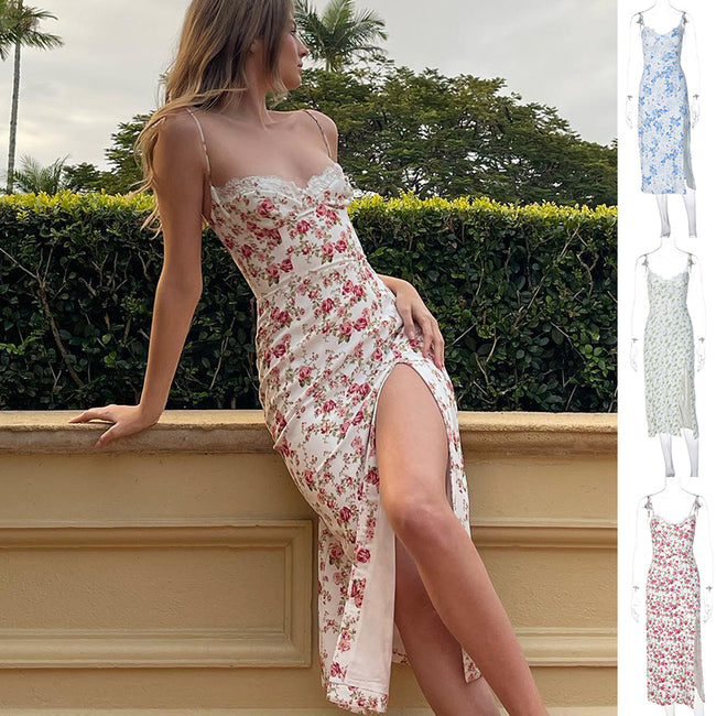 Robe Longue Imprimé Dentelle Fleurs Sexy Mode Fendue Bretelles Robe Été Vêtements Femme Hover Image