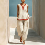 Ensemble Femme Chic en Coton-Lin Deux Pièces Pantalon Large et Haut Color-Block Contraste pour l'Été