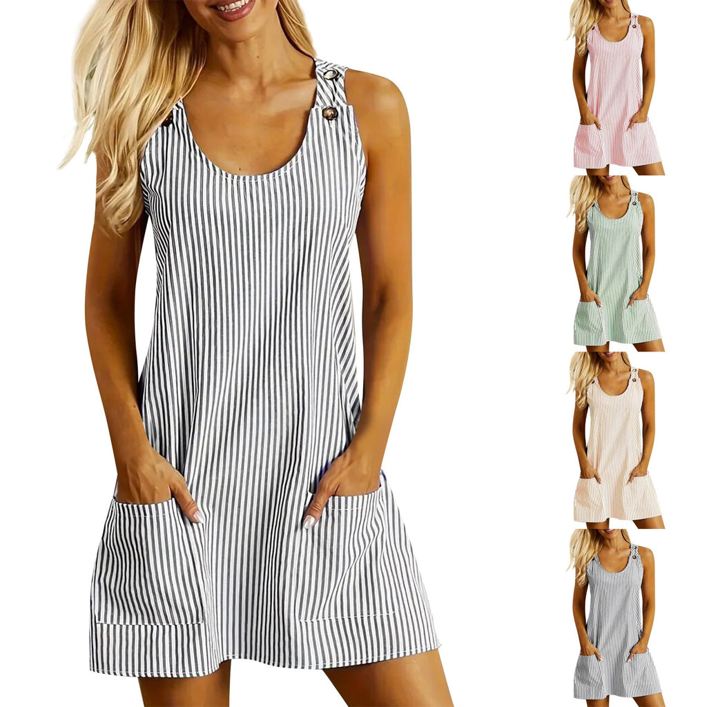 Robe d'été décontractée et amincissante pour femme, coupe droite, col U sans manches, rayures et patchwork, poches et boutons dans le dos