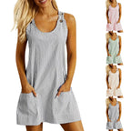 Robe d'été décontractée et amincissante pour femme, coupe droite, col U sans manches, rayures et patchwork, poches et boutons dans le dos