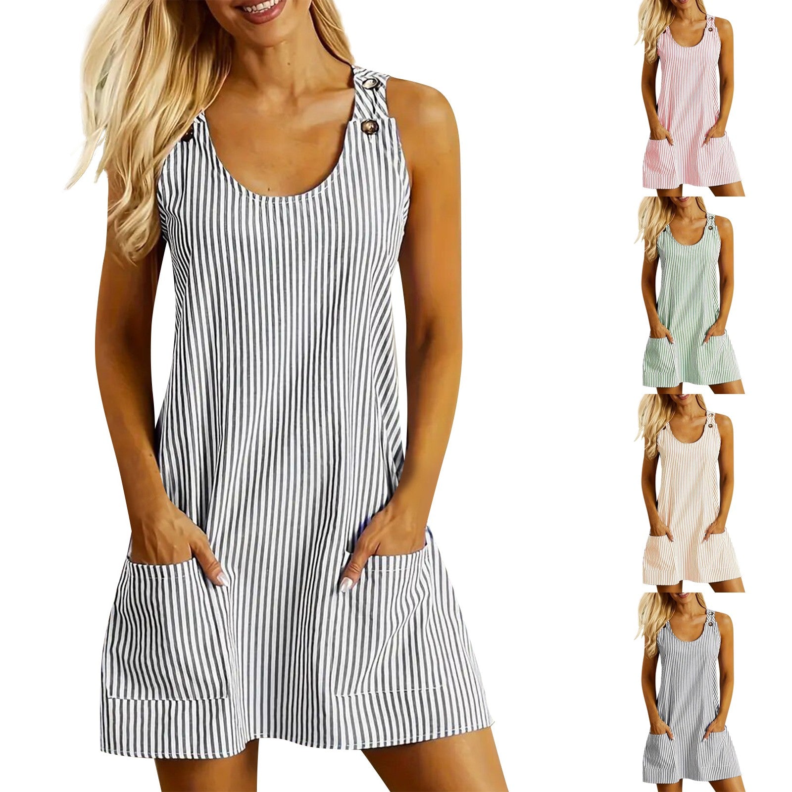 Robe d'été décontractée et amincissante pour femme, coupe droite, col U sans manches, rayures et patchwork, poches et boutons dans le dos