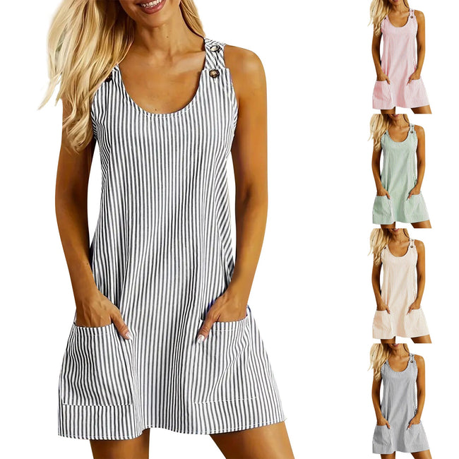 Robe d'été décontractée et amincissante pour femme, coupe droite, col U sans manches, rayures et patchwork, poches et boutons dans le dos Hover Image